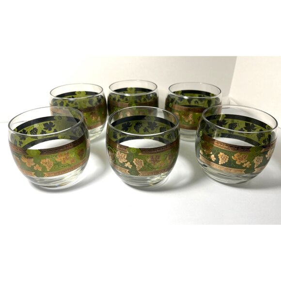 Vintage Cera Glass 1960”s  Golden Grapes Green Roly Poly 22K  Gold Leaf Barware - Picture 3 of 8